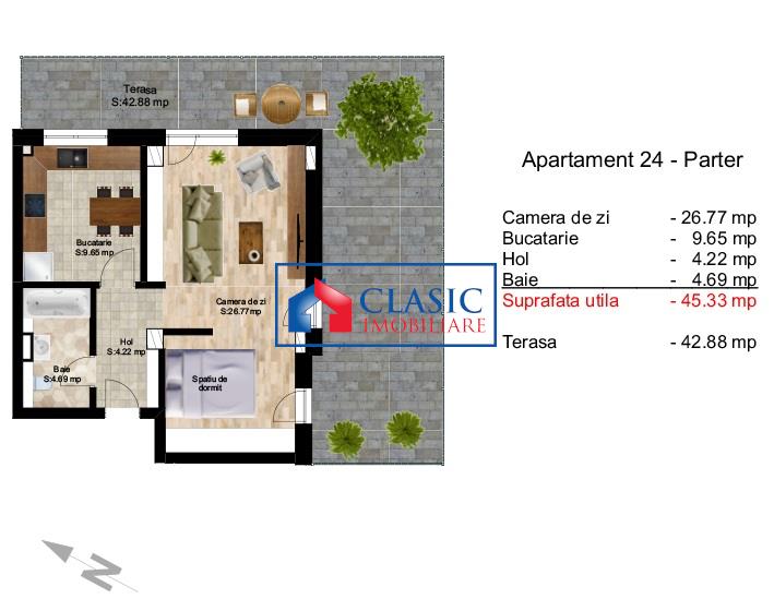 Vanzare apartament 45 mp utili cu gradina proprie, zona Centru