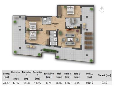 Vanzare apartament 4 camere tip penthouse, cu terasa de 94 mp in Buna Ziua zona Lidl